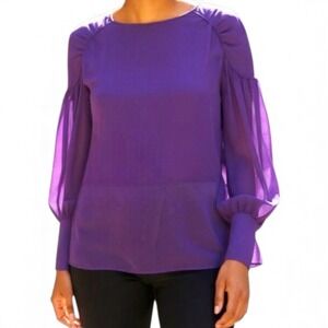 VERONIQUE LEROY Paris Purple Silk Blend Sheer Long Sleeve Blouse 36‎ (Small)